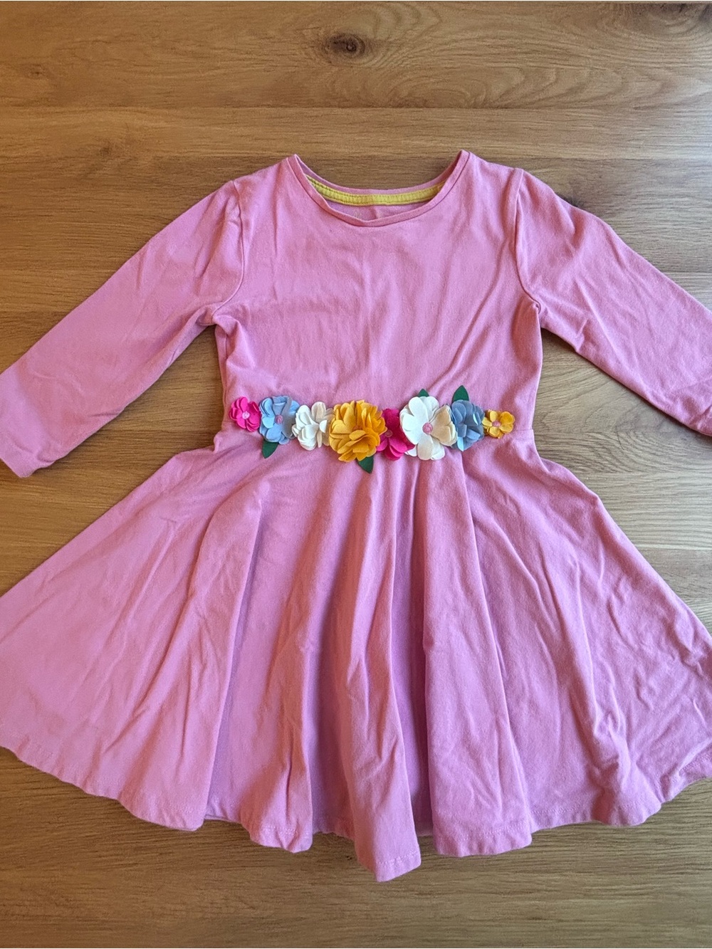 Mini Boden Pink Long-Sleeve Dress with Multi-Color Flower Belt